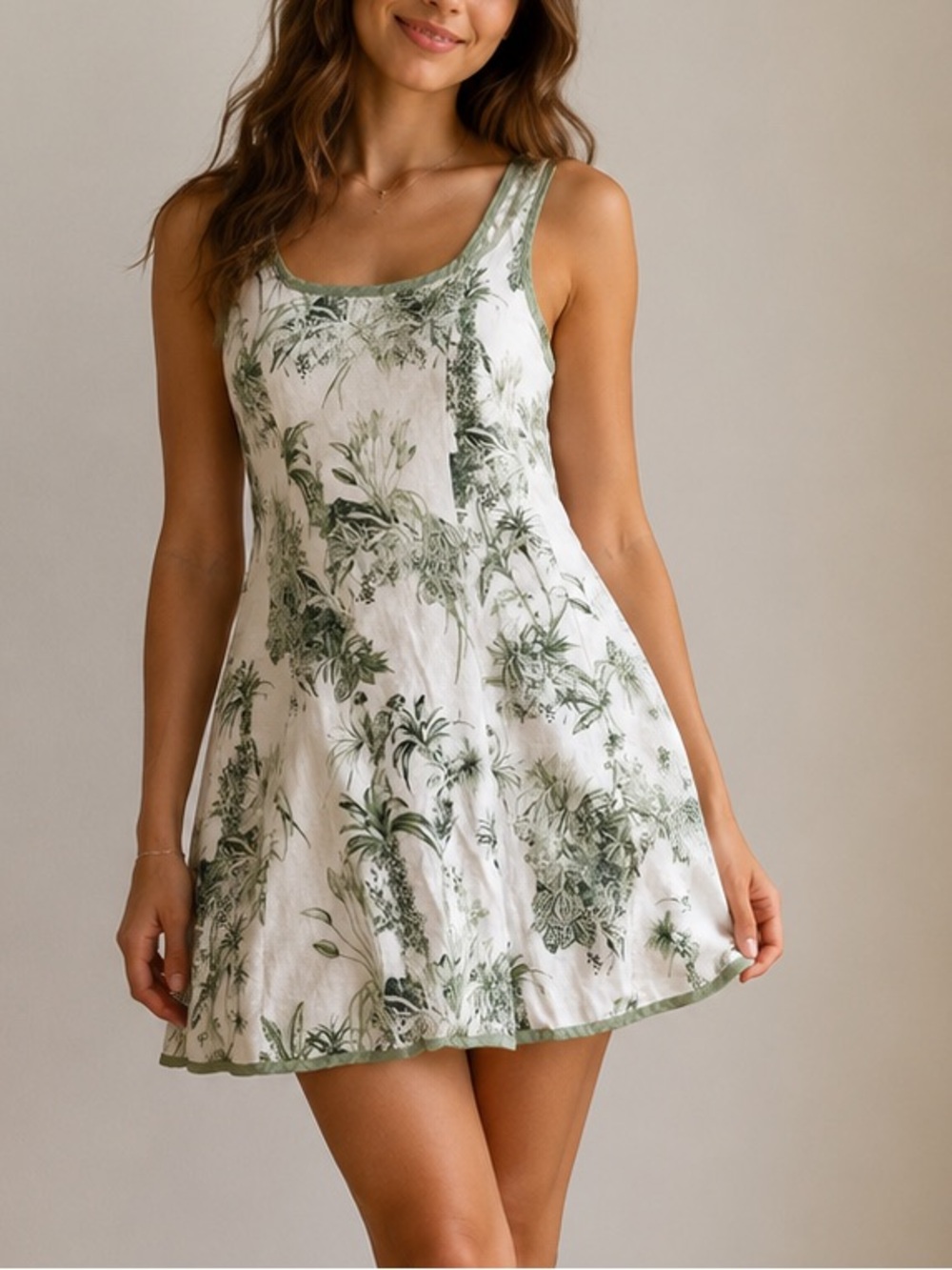 Rachel Zoe Green and White Botanical Linen Tank Dress